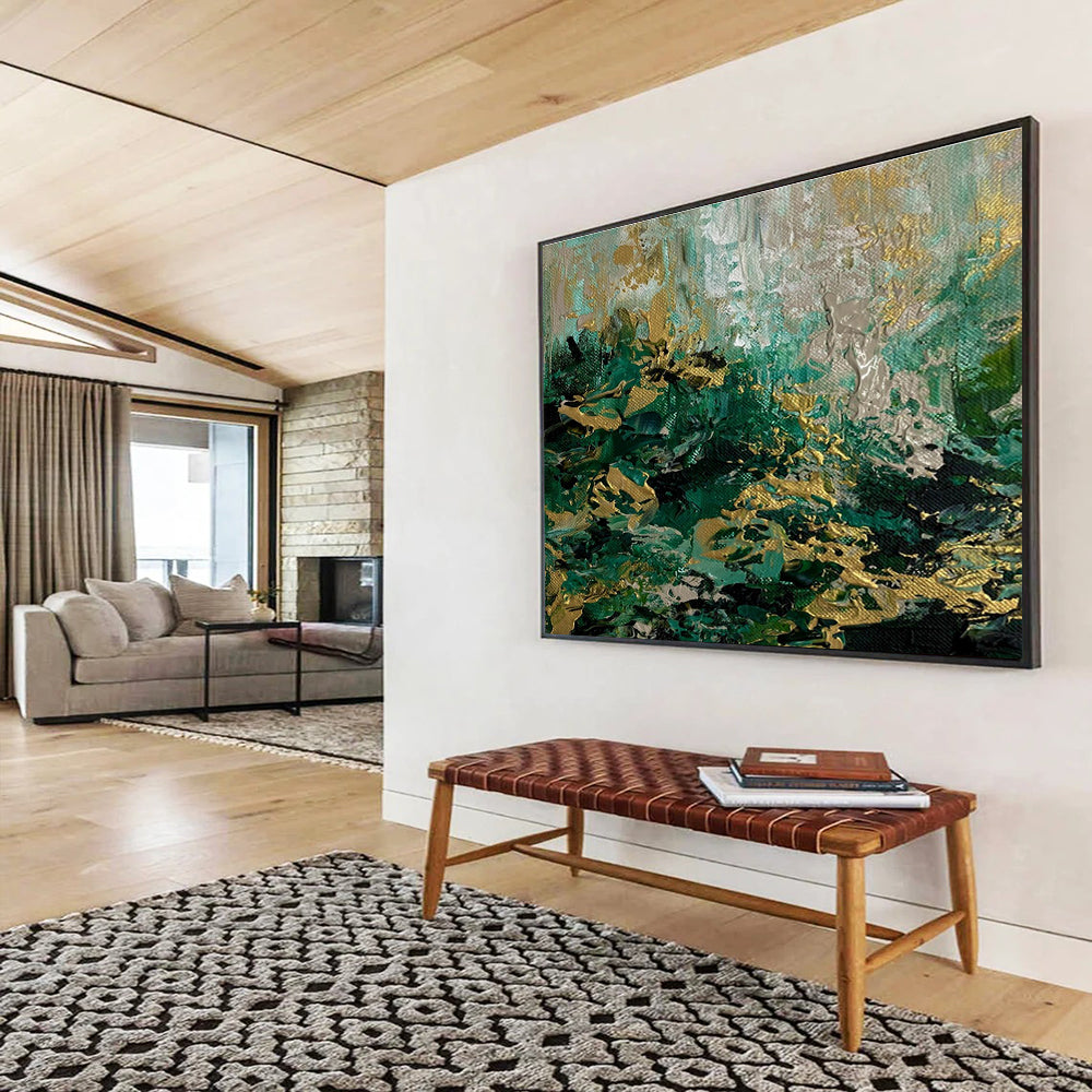 Green and Gold Abstract Waves Painting for Coastal - Inspired Spas YHT334