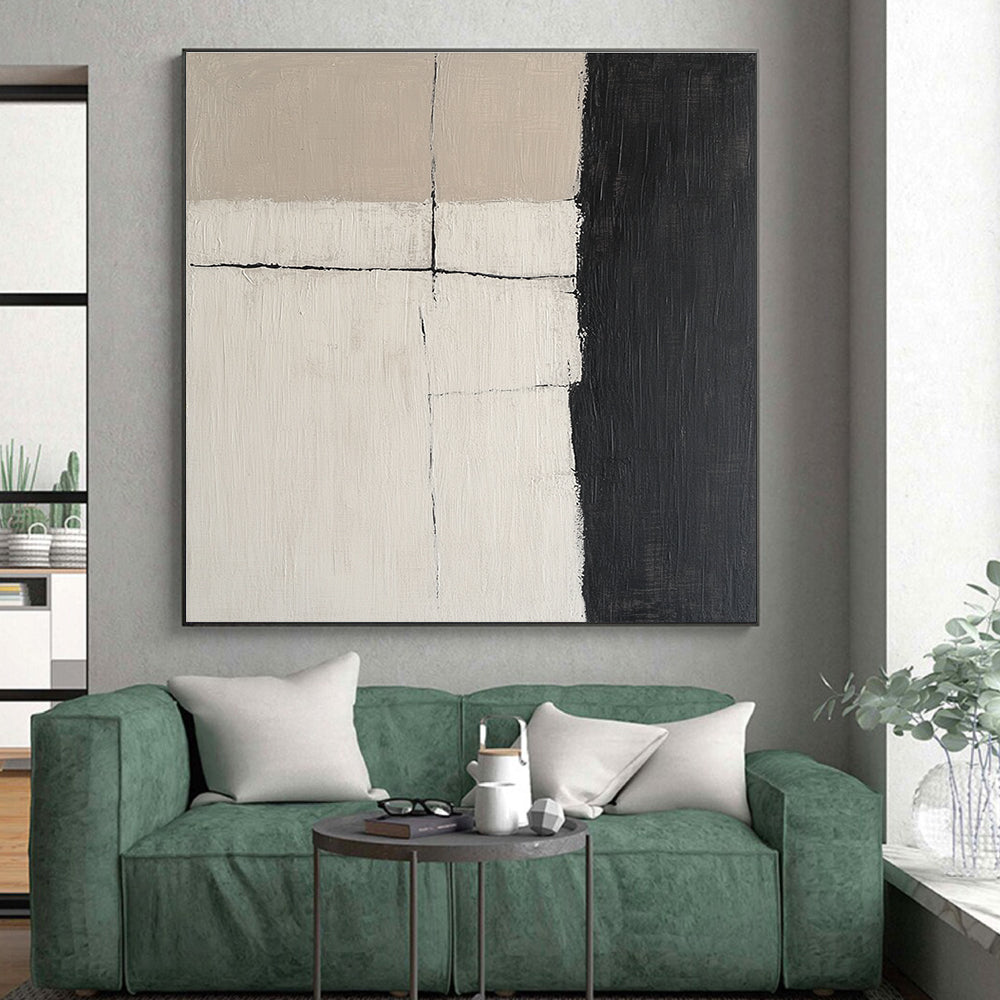 Beige and Black Grid Abstract Painting with Textured Surfaces WINK847