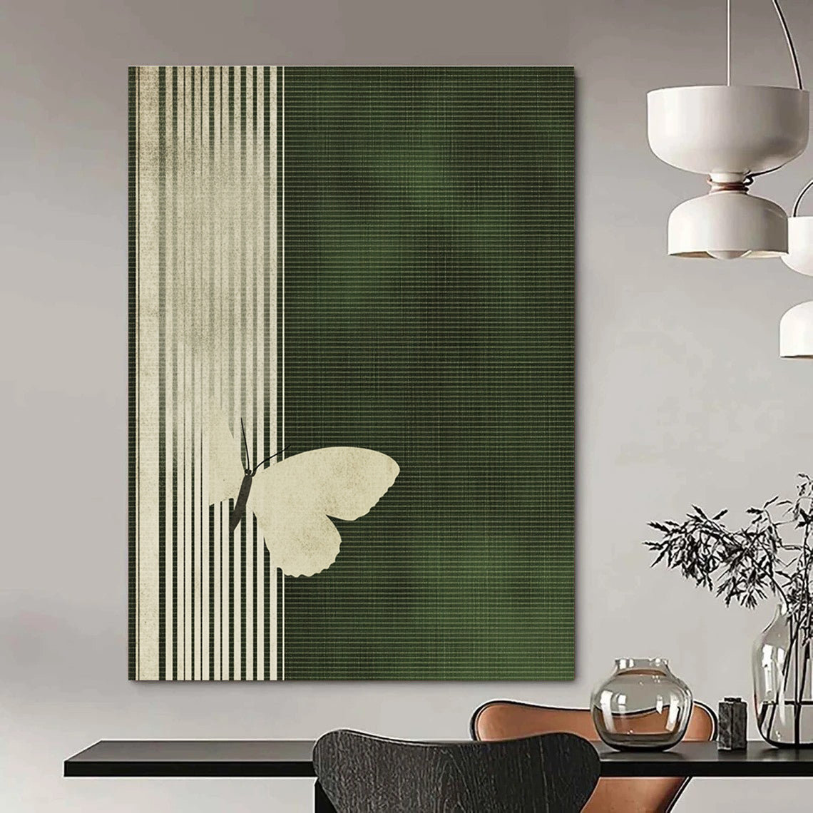 White Butterfly on Green Stripes Abstract Painting of Delicate Contrast GAB0173