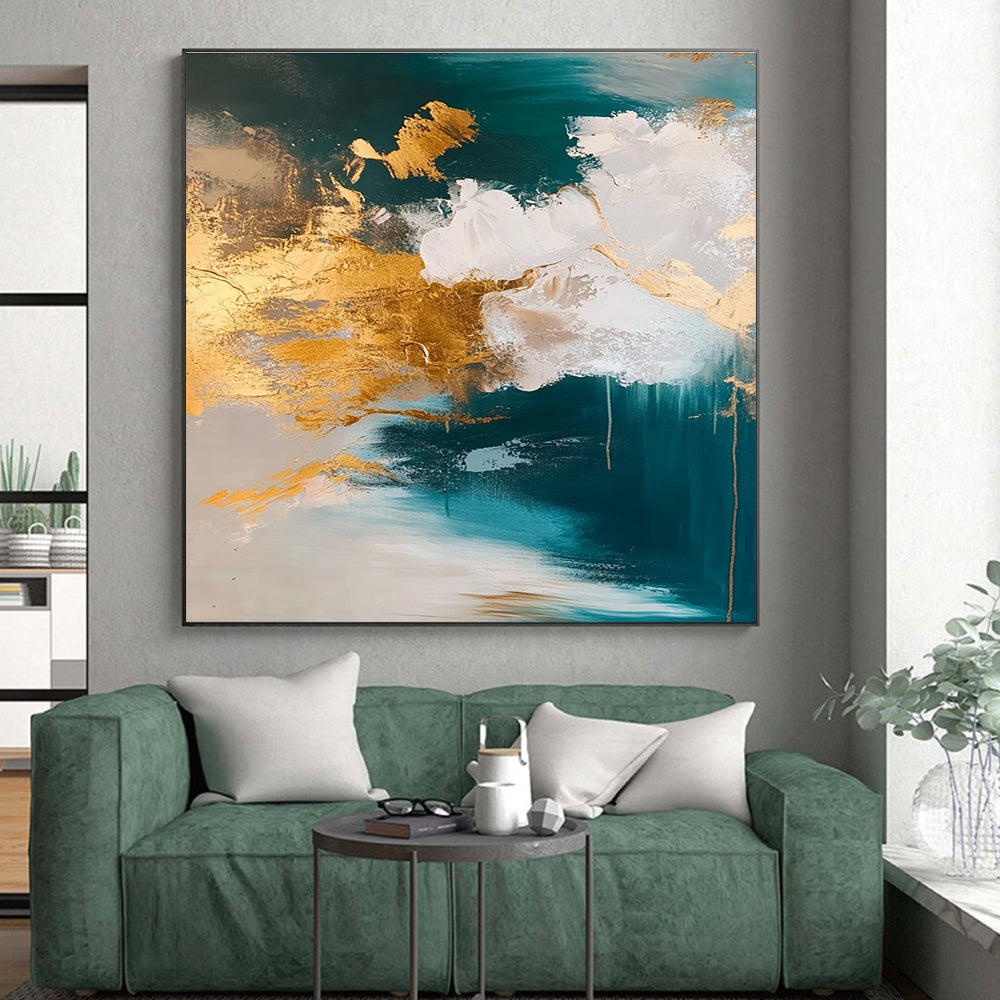 Teal Gold Abstract Clouds Painting with Metallic Accents WINK630