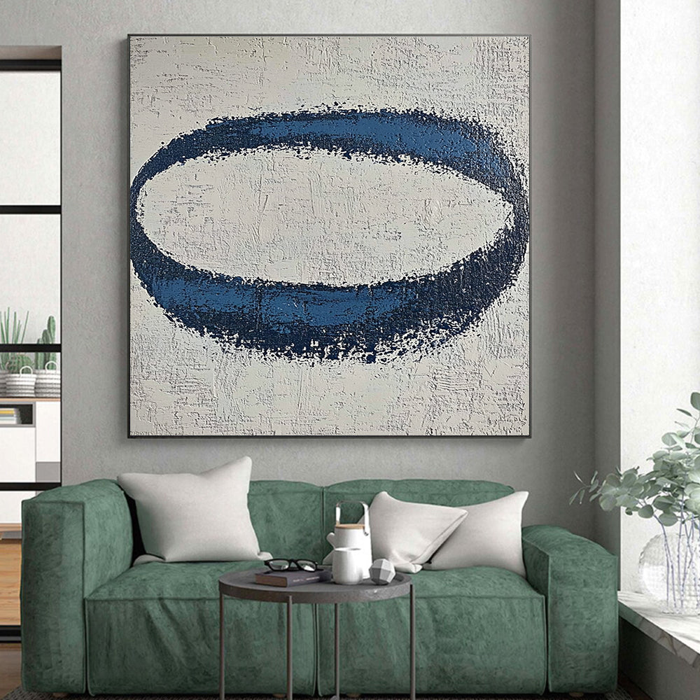 Blue Oval on Textured White Abstract Painting with Tactile Simplicity WINK024