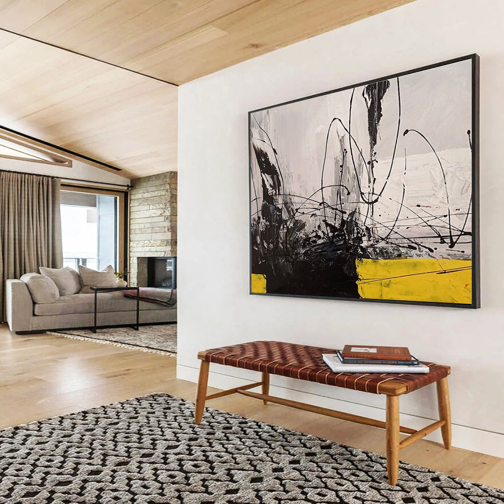 Black - White - Yellow Abstract Painting for Dramatic Spaces YHT008