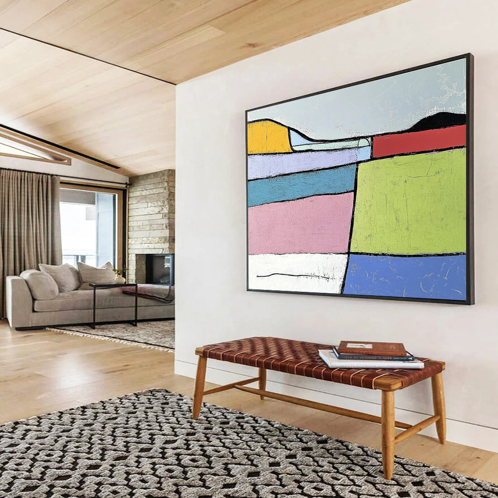 Geometric Color - Blocked Landscape Abstract Painting with Bold Outlines ABS222