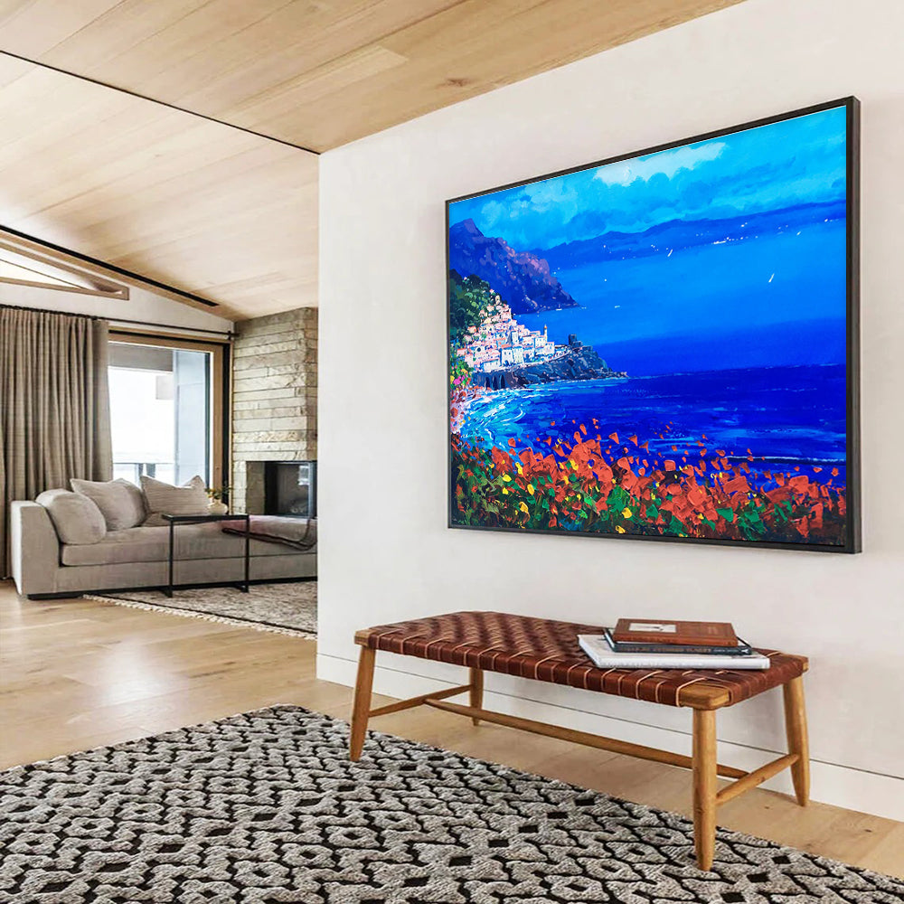 Coastal Town Night Abstract Painting for Mediterranean - Style Bars YHT434