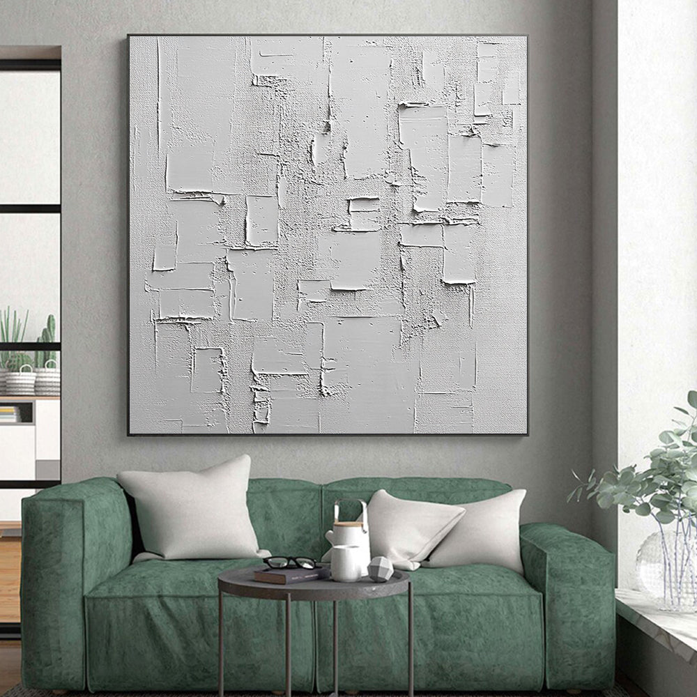 White Textured Rectangular Assemblage Painting with Minimalist Depth WINK063