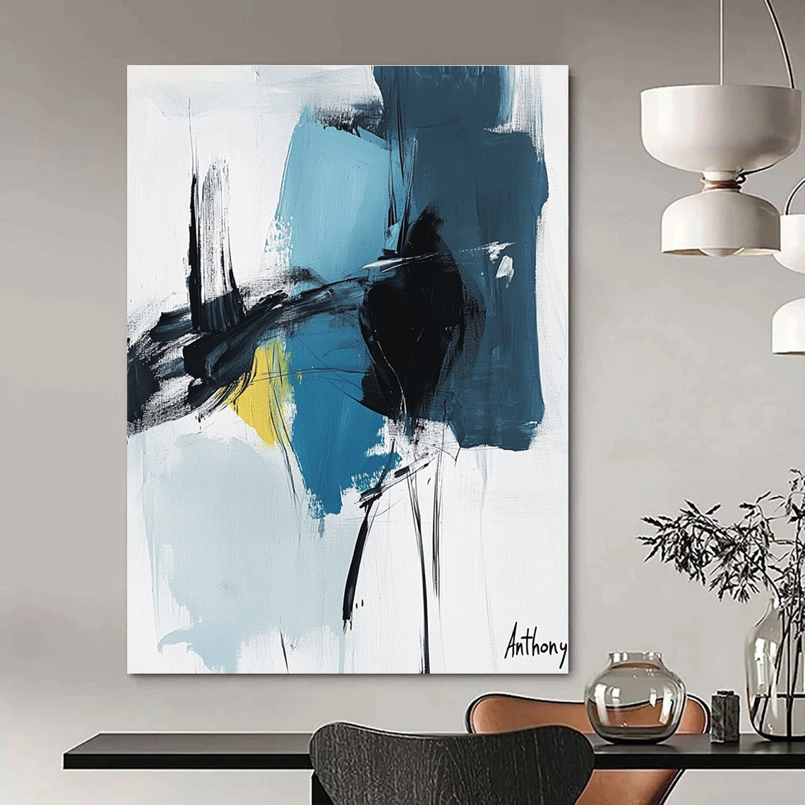 Bold Blue and Black Strokes Abstract Painting of Energetic Expression GAB0205