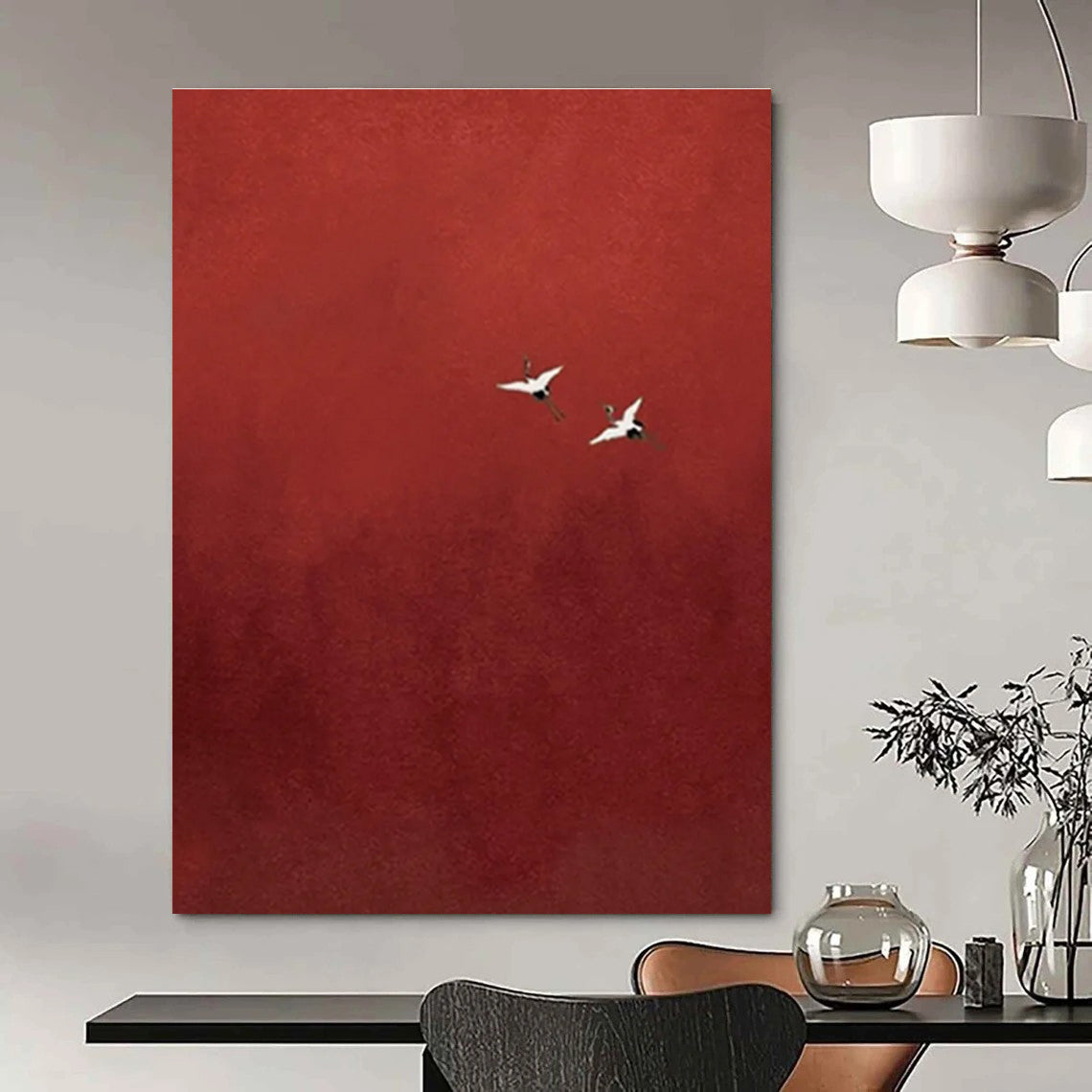 Two Cranes in Red Sky Abstract Painting for Dramatic Foyers HENG482