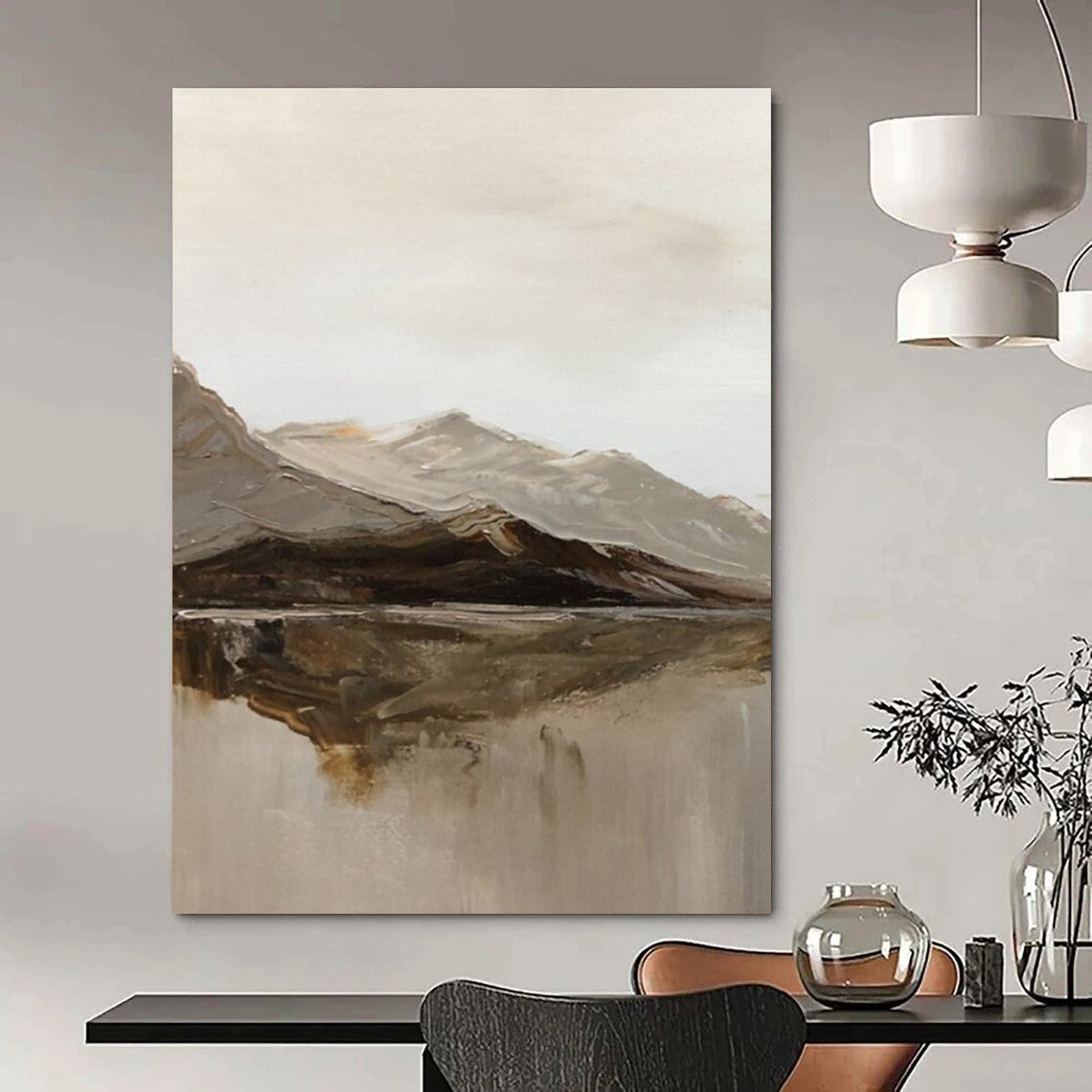 Minimalist Mountain and Lake Landscape Abstract Painting for Nature - Lover Bedrooms HENG358