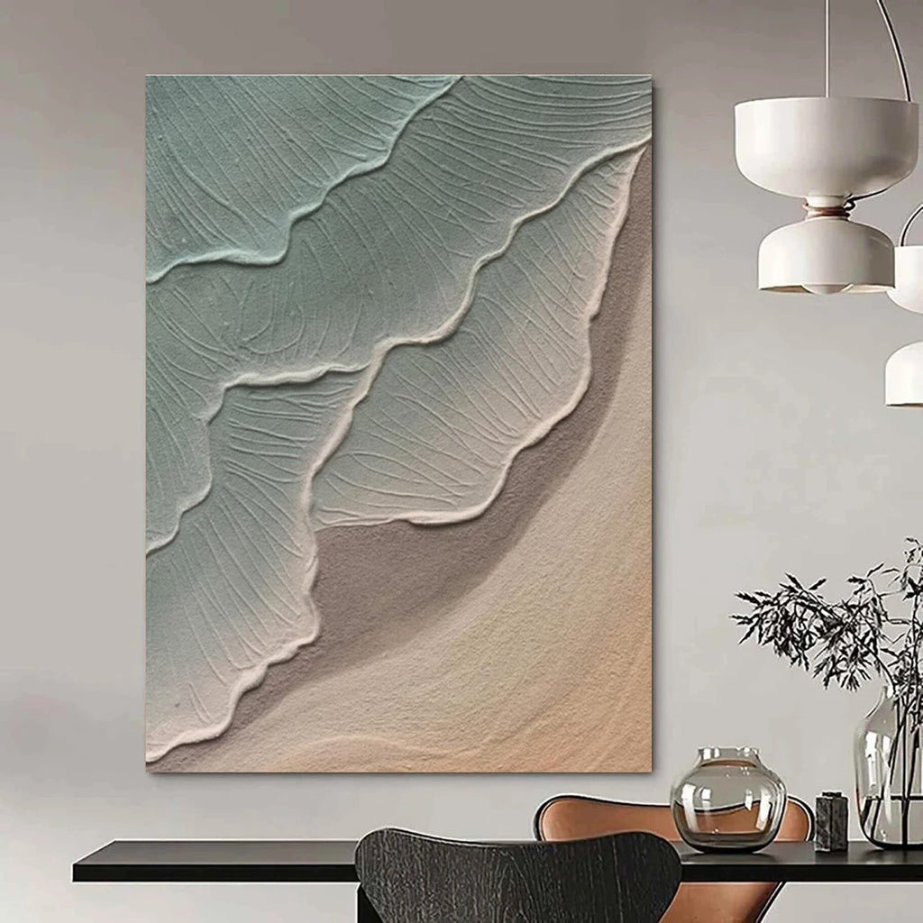 Textured Green and Beige Leaf - Like Abstract Painting for Contemporary Home Offices HENG519