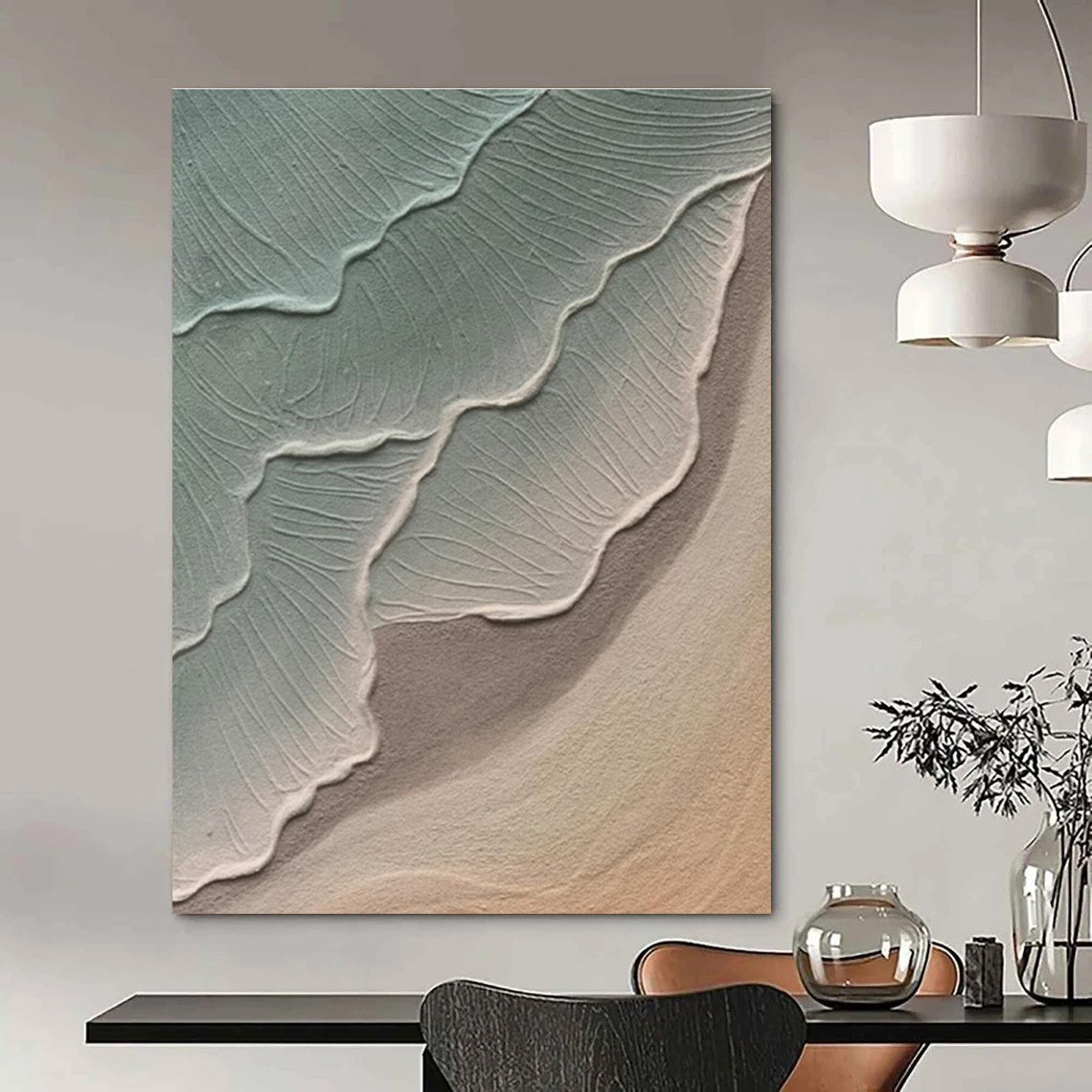 Textured Green and Beige Leaf - Like Abstract Painting for Contemporary Home Offices HENG519