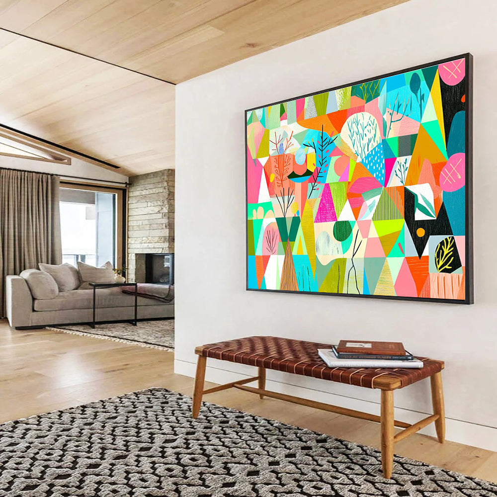 Geometric Nature Collage: Whimsical Landscape Reimagined Abstract Painting ABS154