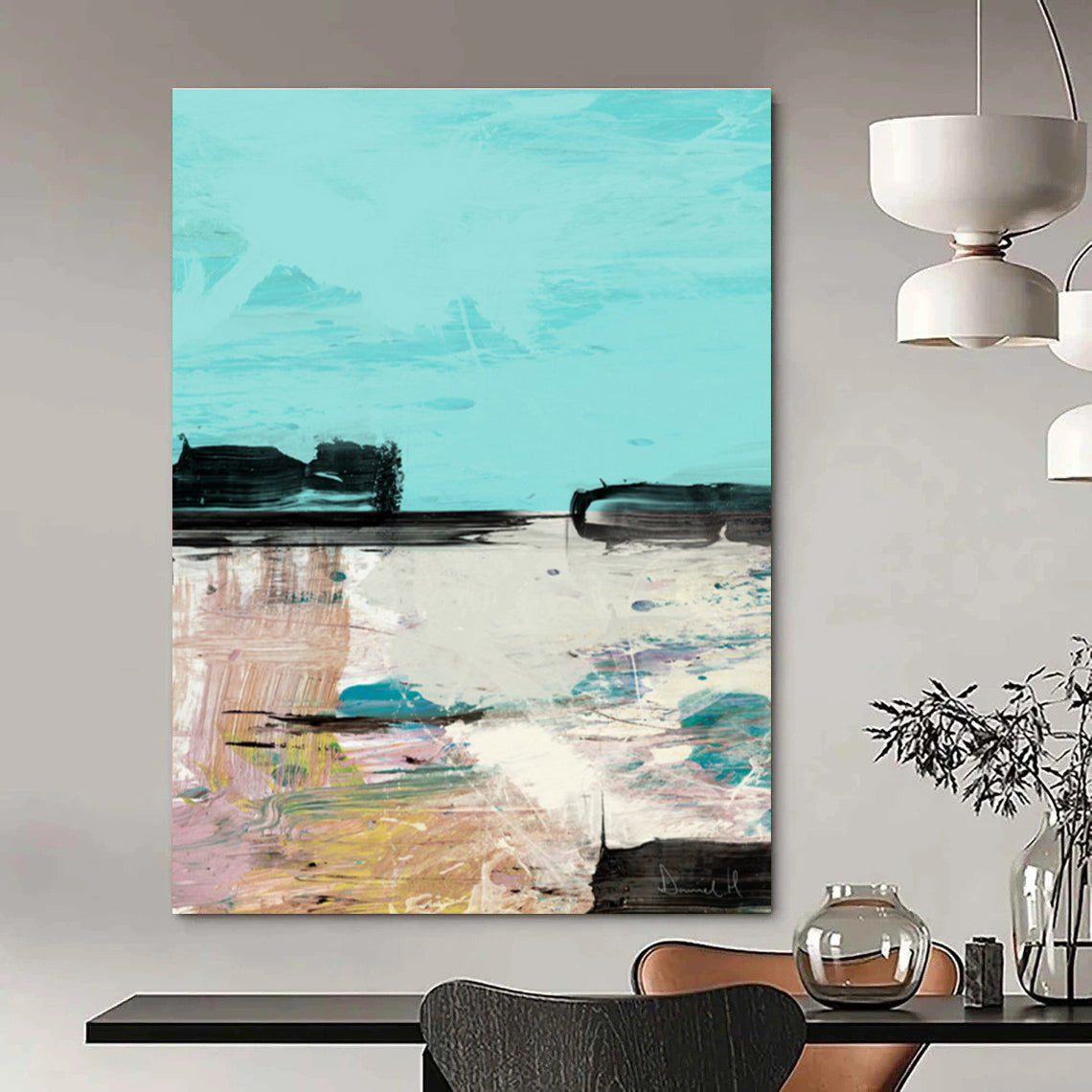 Turquoise - Toned Landscape Abstract Painting for Coastal - Inspired Cafés HENG197