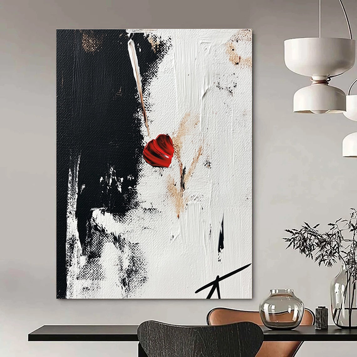 Red Heart in Black and White - Emotional Minimalist Abstract Art GAB0455