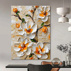 3D White Flowers with Orange Centers Textured Abstract Painting for Elegant Spaces GAB1442
