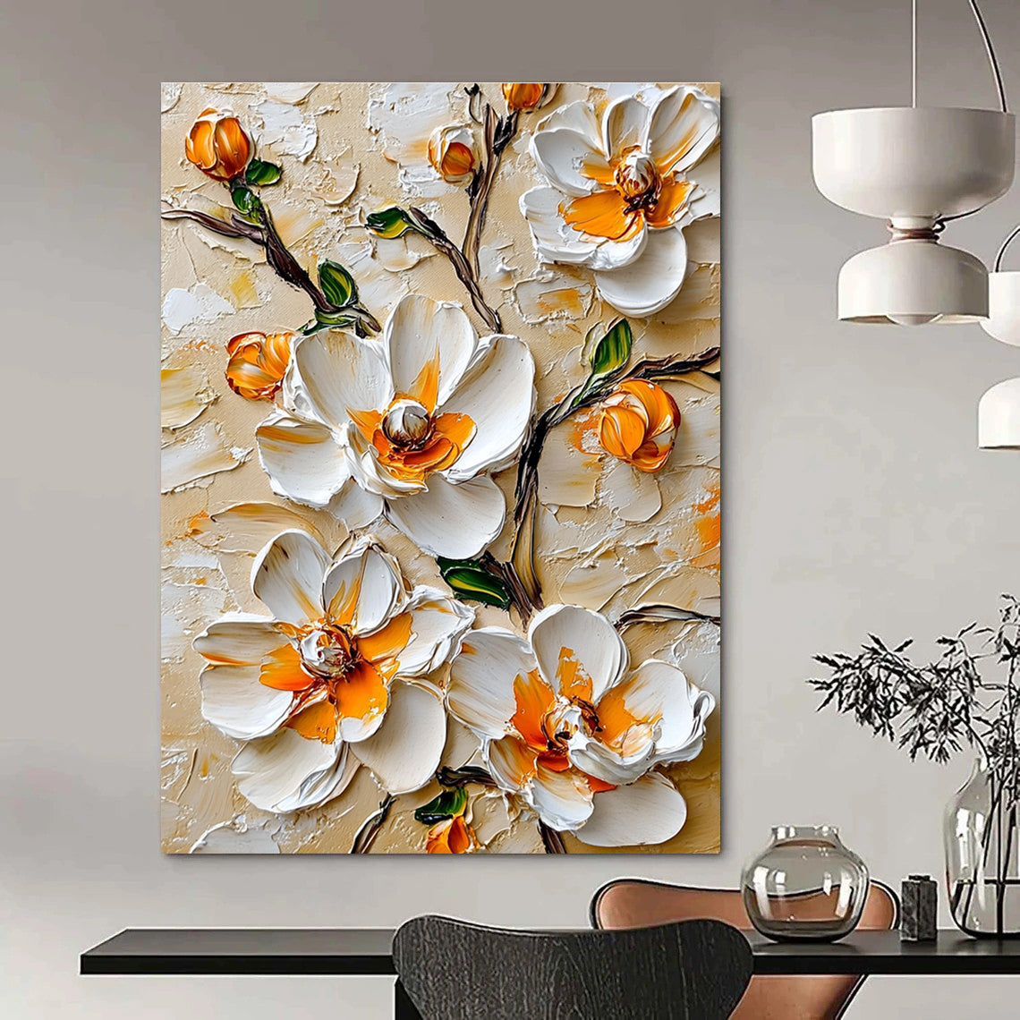 3D White Flowers with Orange Centers Textured Abstract Painting for Elegant Spaces GAB1442