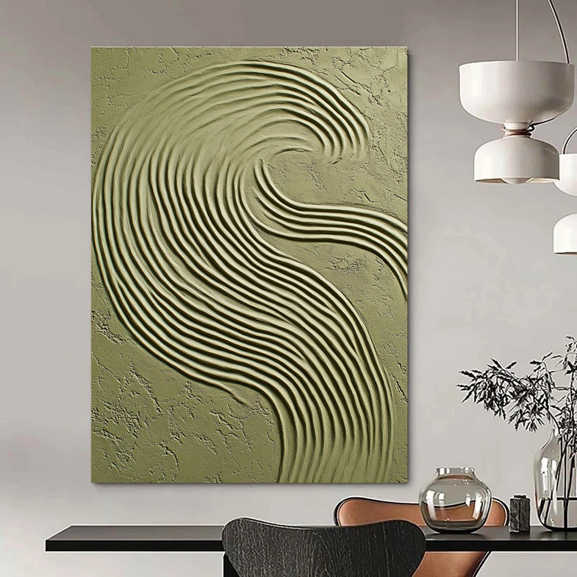 Green Wavy Textured Art Organic Abstract Painting for Nature - Inspired Interiors GAB1404