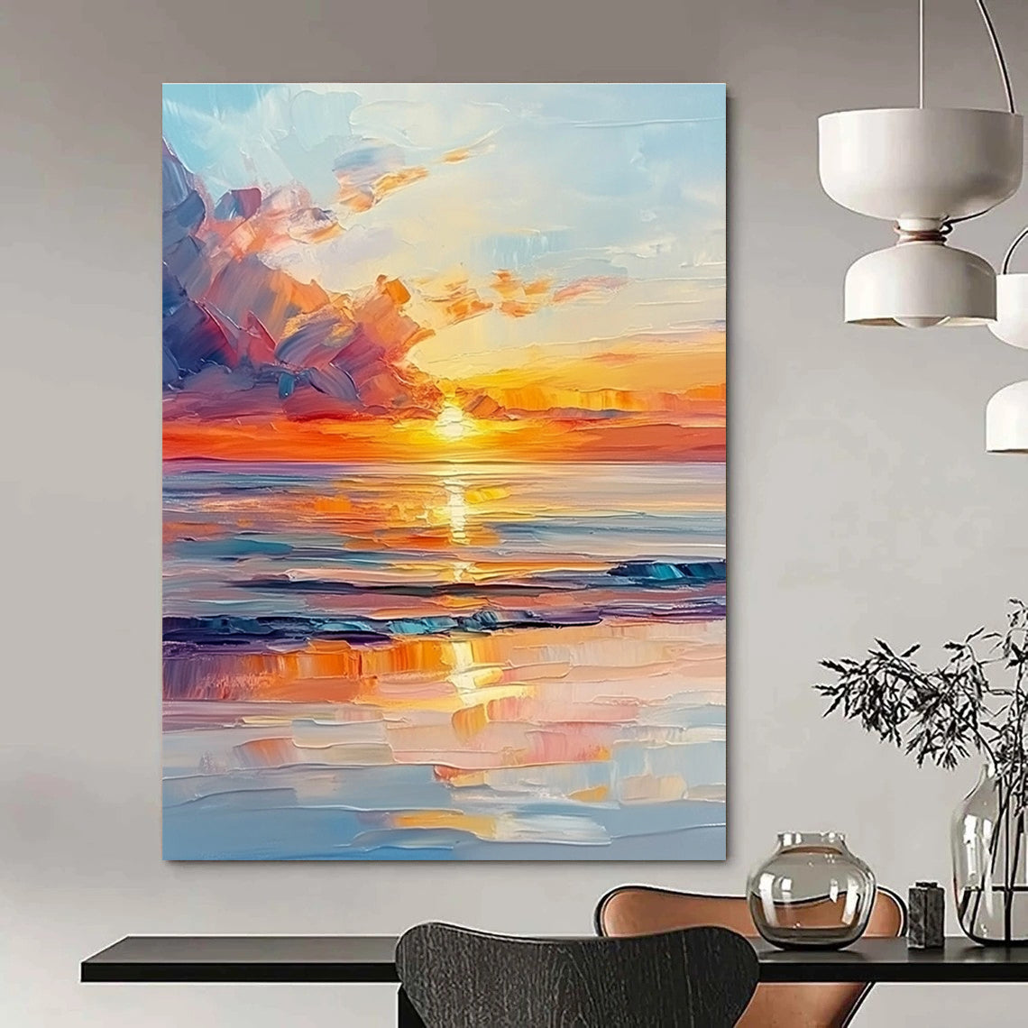 Fiery Sunset Sea Abstract Painting with Dynamic Brushstrokes GAB0016
