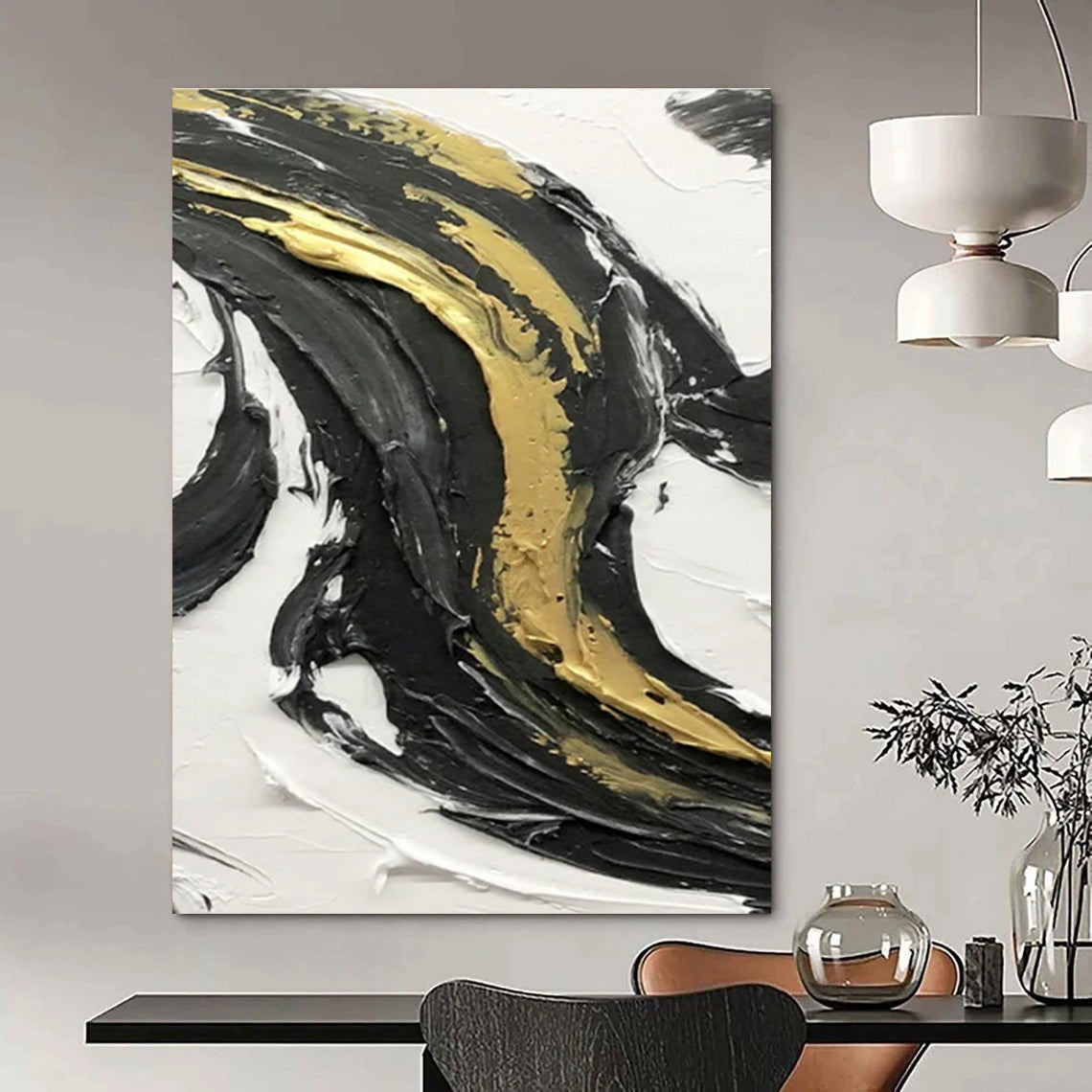 Black - White Horizontal Layer Art Abstract Painting for Minimalist Bedrooms HENG379