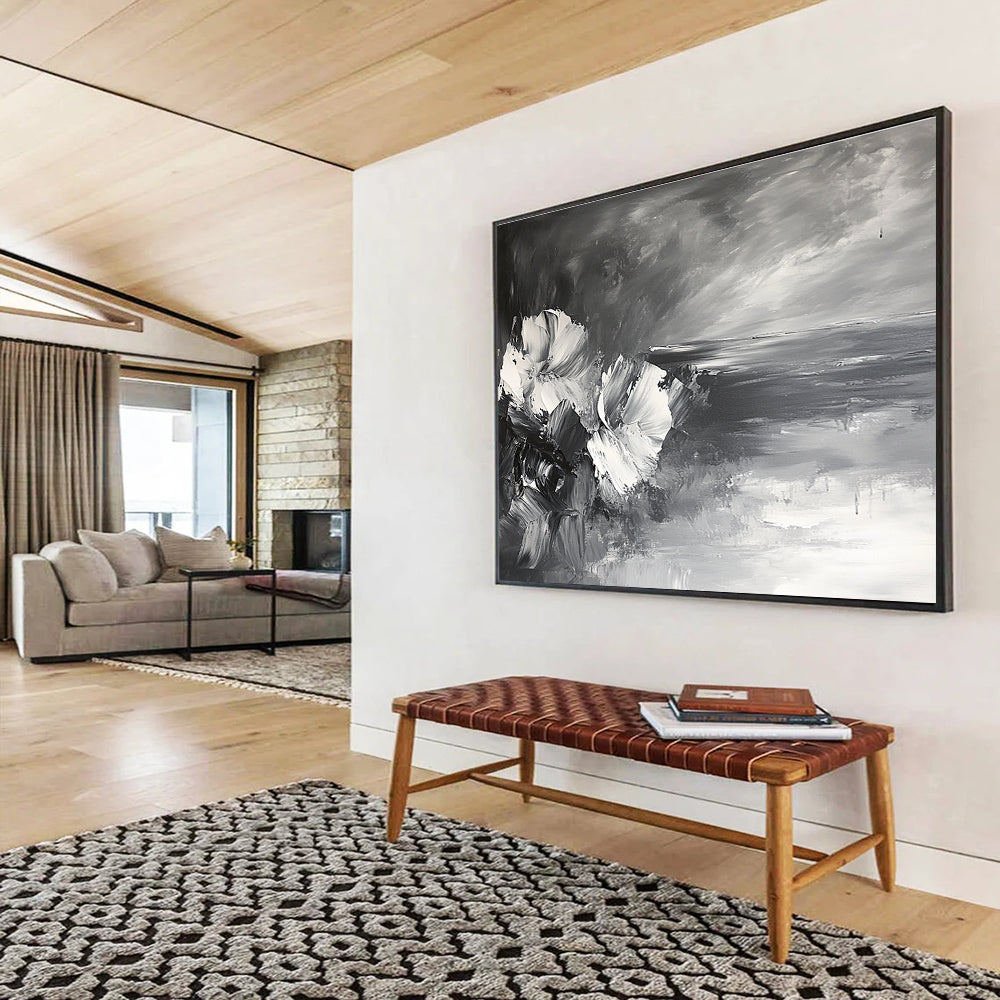Monochrome Floral and Sea: Contrasting Textures of Flowers and Waves Abstract Painting ABS177