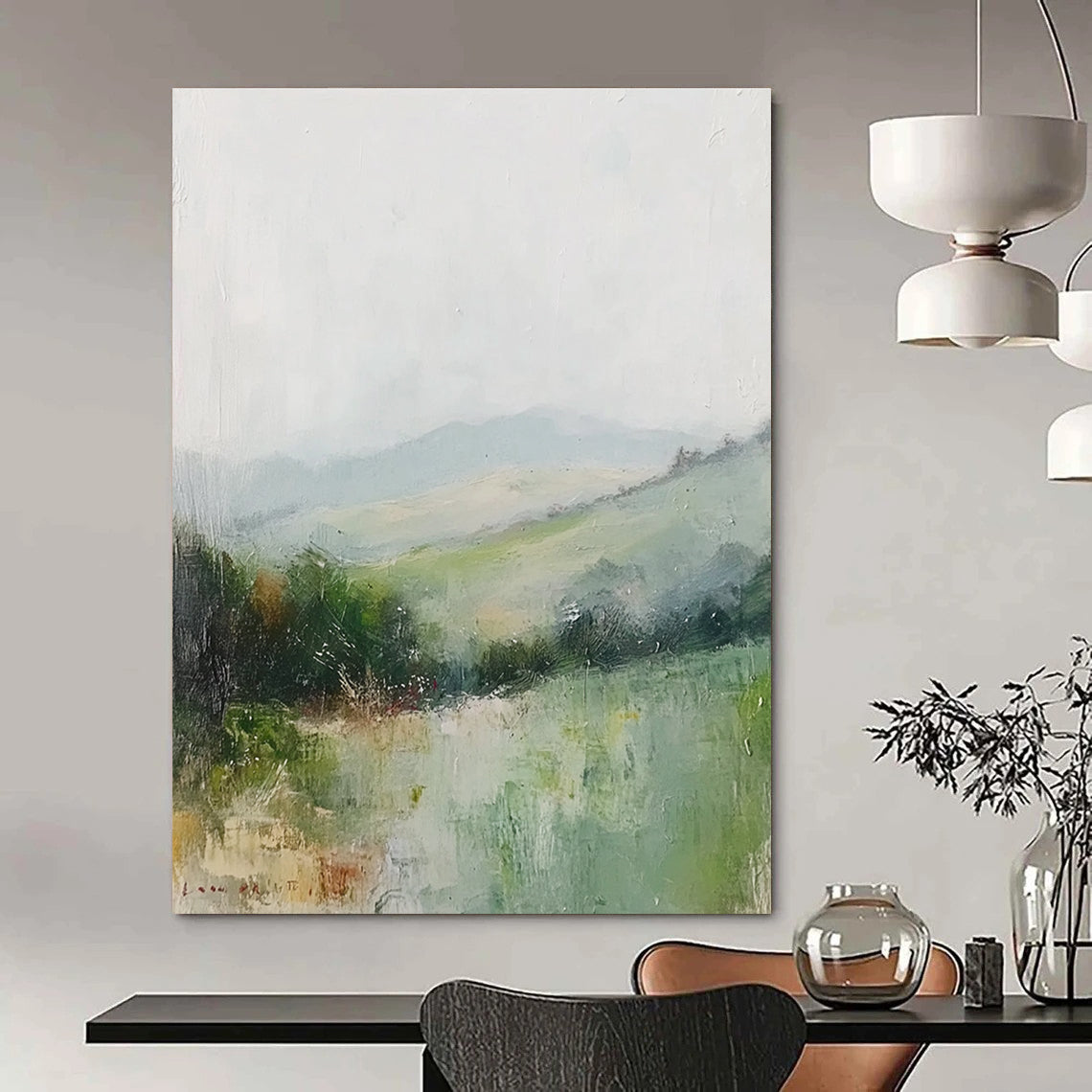Misty Green Landscape Soft Impressionist Abstract Painting GAB0225