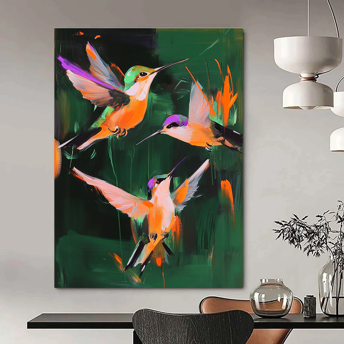 Colorful Hummingbirds Abstract Painting of Lively Vitality GAB0148