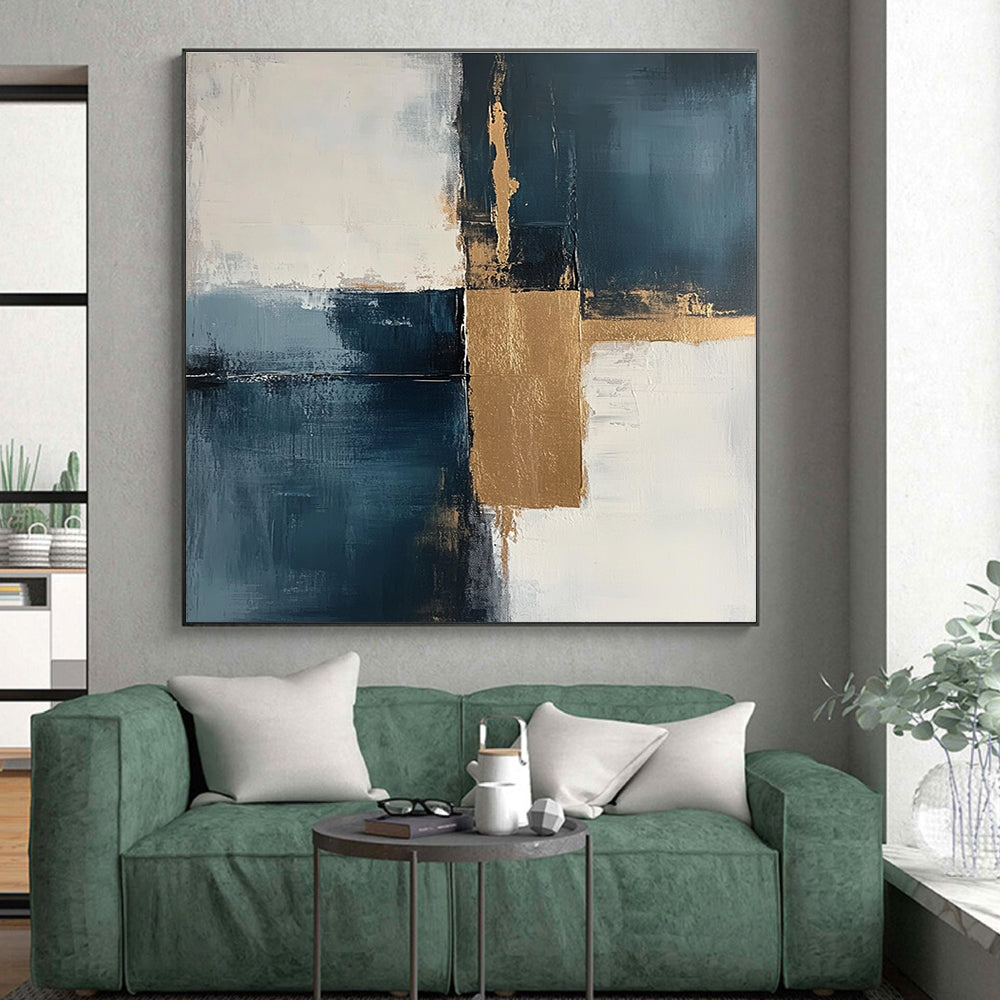 Blue - Gold Abstract Squares Painting with Modern Balance WINK377
