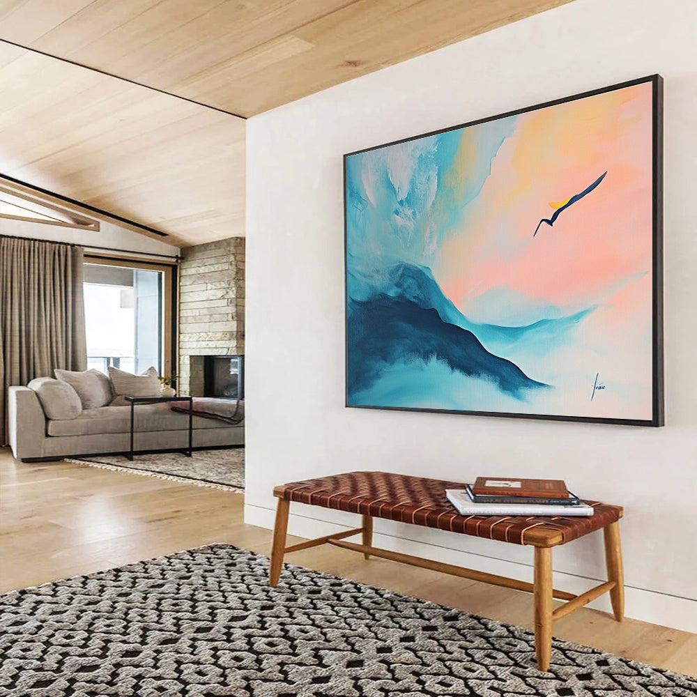 Pastel Mountain - Bird Landscape Art Evoking Ethereal Beauty and Gentle Motion Abstract Painting ABS145