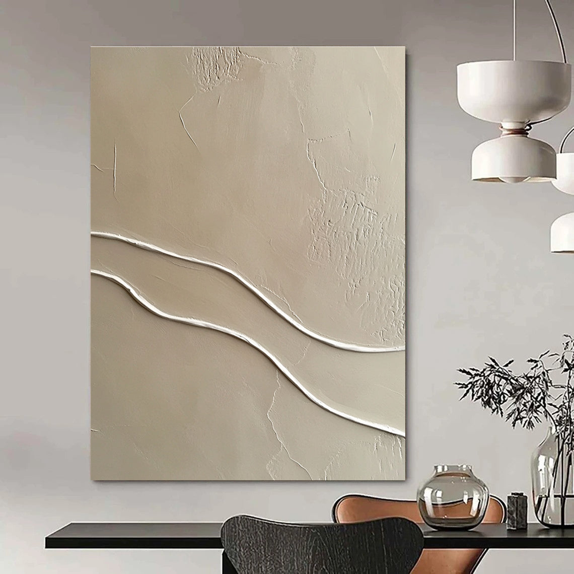 Beige with White Curved Lines Abstract Painting with Subtle Textures GAB0065