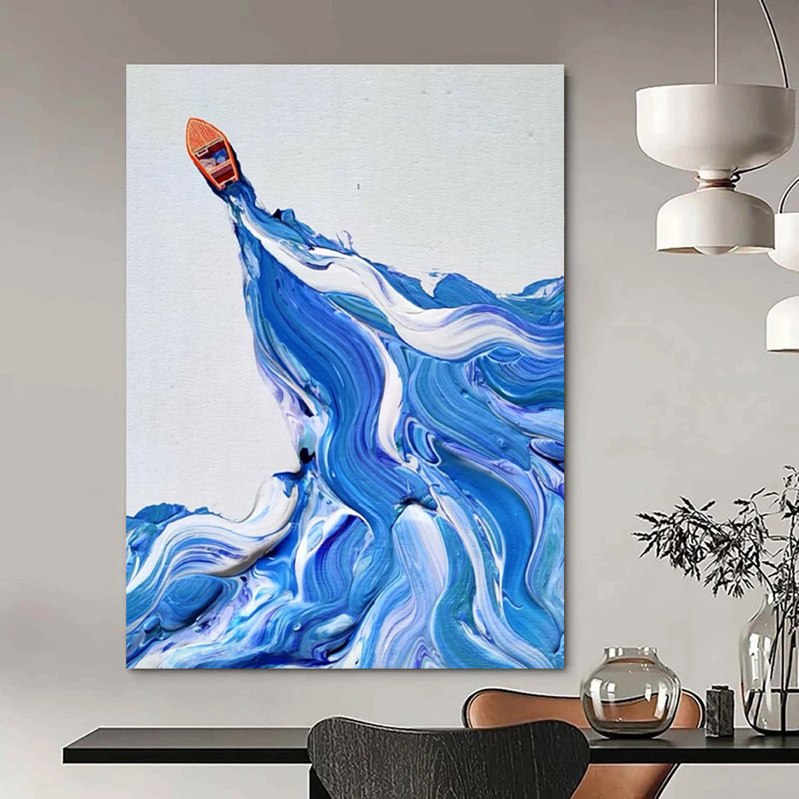 Small Boat on Textured Waves Abstract Painting for Nautical - Themed Interiors HENG321