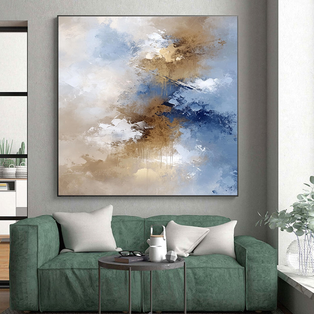 Blue Gold White Abstract Painting with Flowing Elegance WINK662