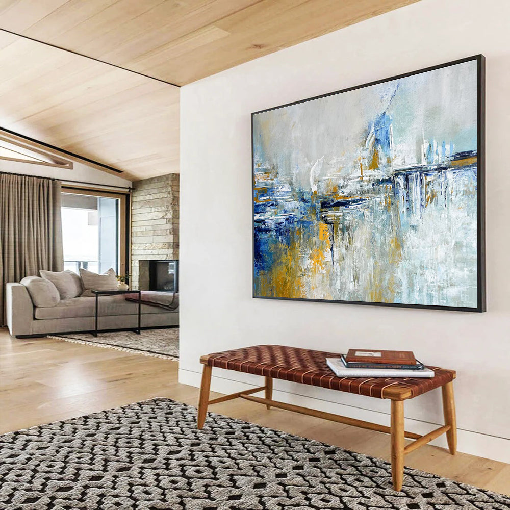 Blue and Gold Abstract Cityscape Painting for Upscale Urban Residences YHT347