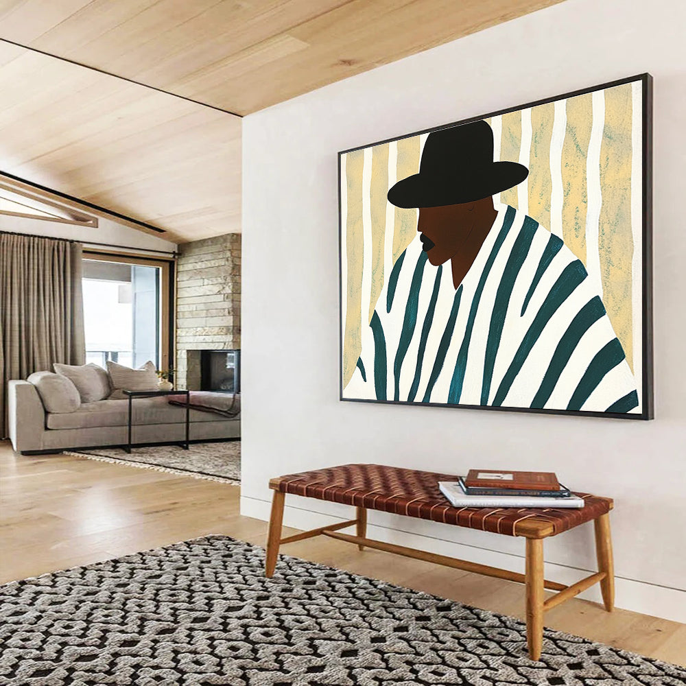 Stylized Figure in Stripes Painting with Modern Graphic Appeal ABS557