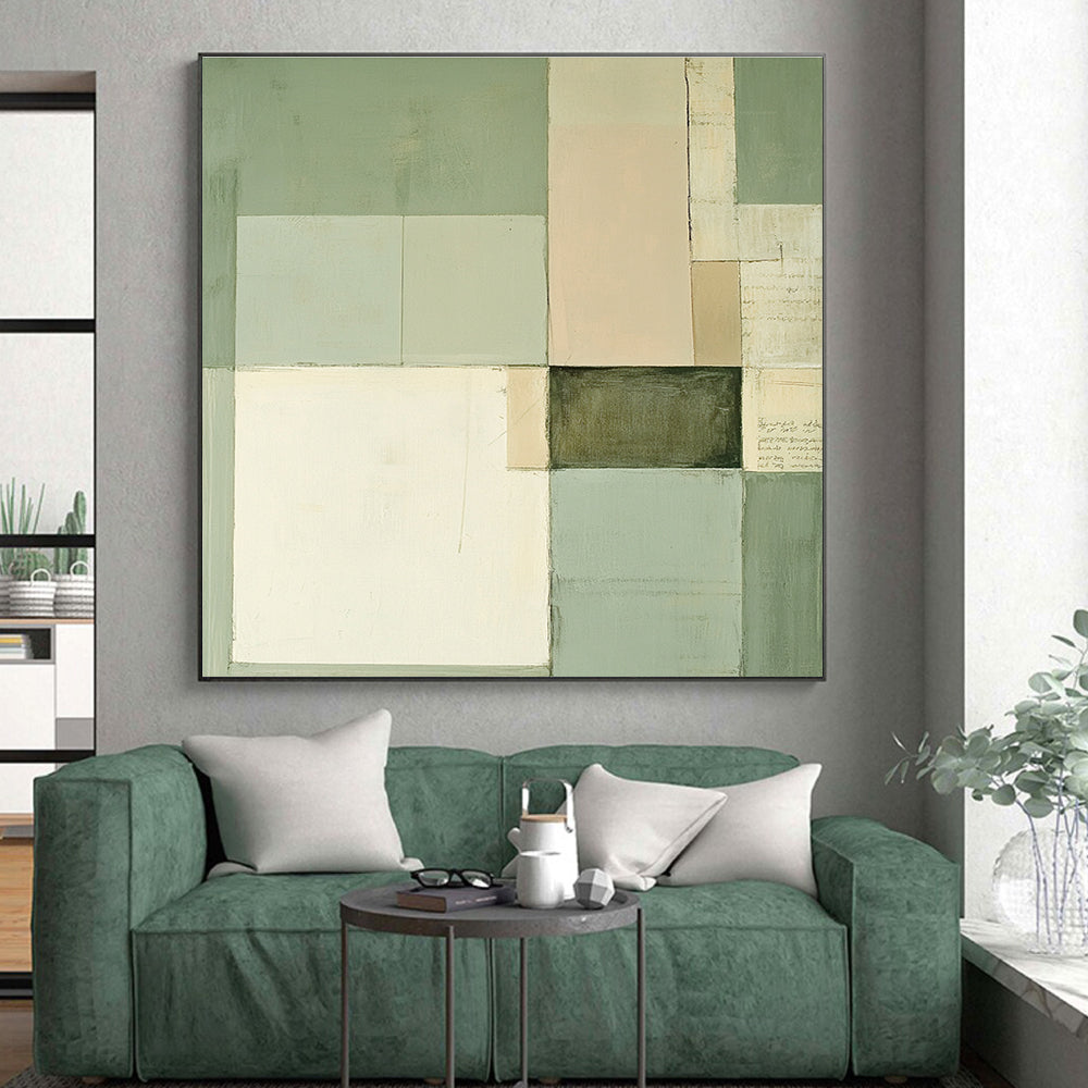 Green and Beige Geometric Blocks Abstract Painting with Subtle Harmony WINK274