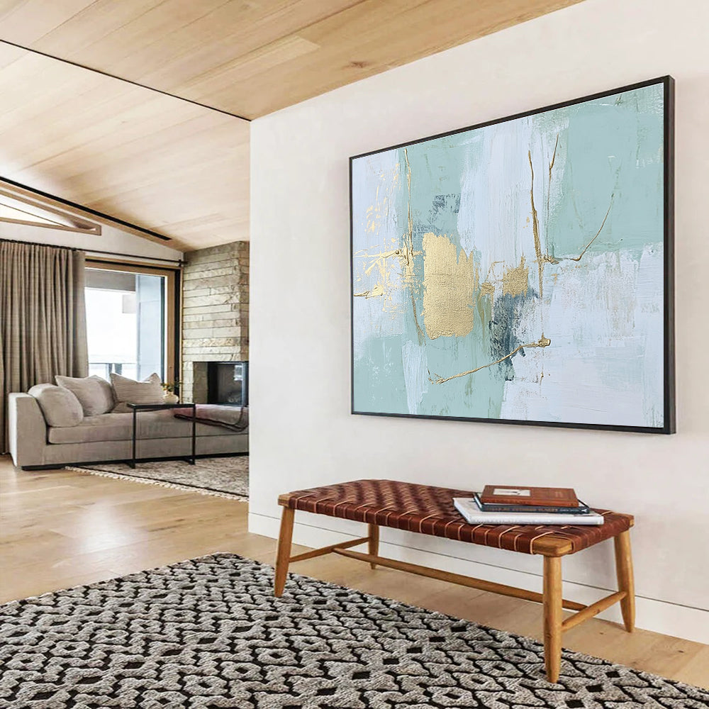 Mint - Gold Abstract Strokes Painting with Subtle, Elegant Accents ABS484