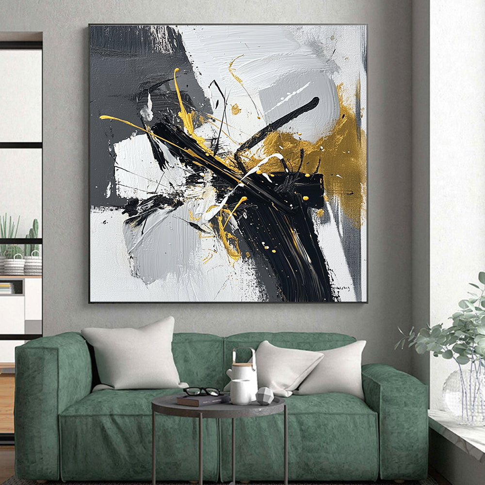 Black White and Gold Splash Abstract Painting with Dynamic Luxury WINK020