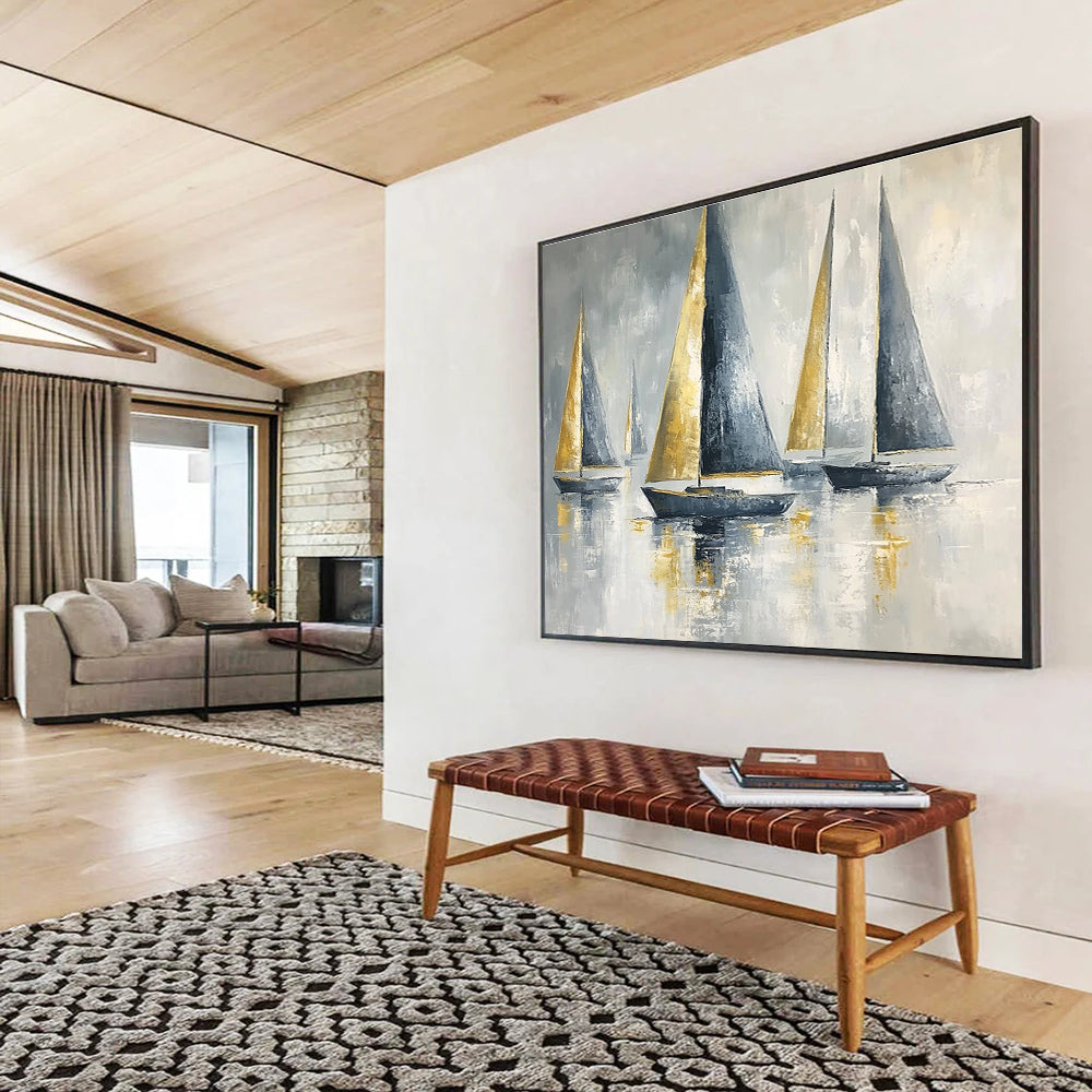Sailboats with Gold Sails Abstract Painting with Luxe Maritime Vibe ABS607