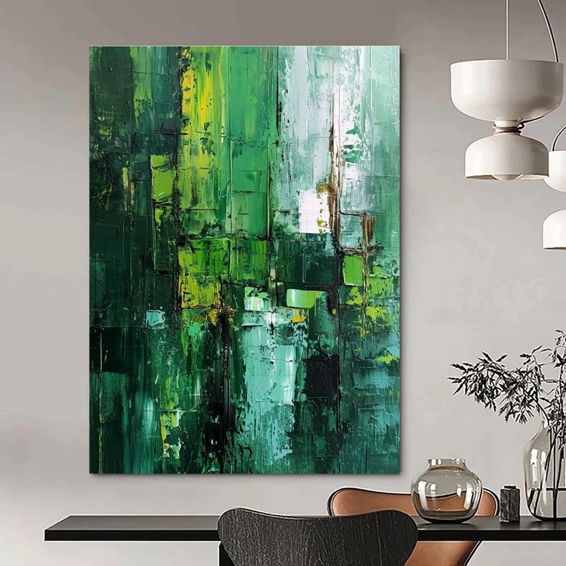 Green Textured Abstract Painting for Eco - Friendly Office Break Rooms HENG012