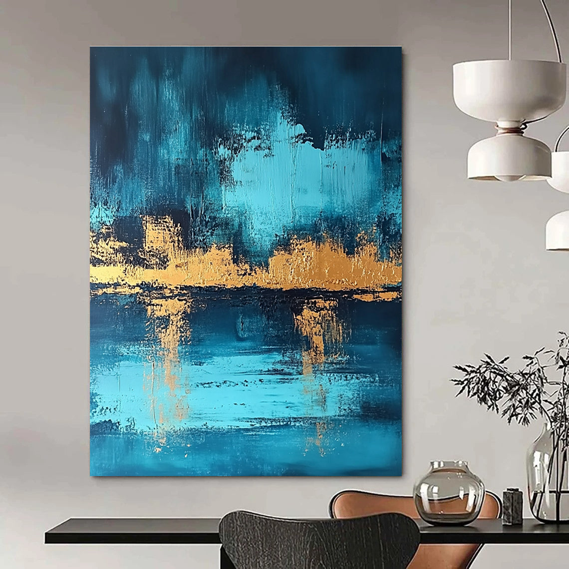 Blue and Gold Reflection - Elegant Landscape Abstract Painting GAB0460