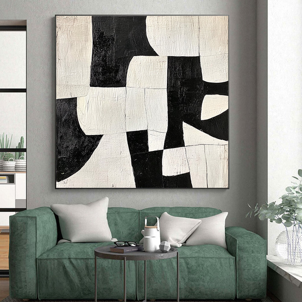 Black - and - White Patchwork Abstract Painting with Bold Contrast WINK323