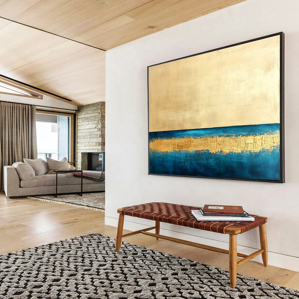 Minimalist Gold - Blue Seascape with Clean Lines Abstract Painting ABS314