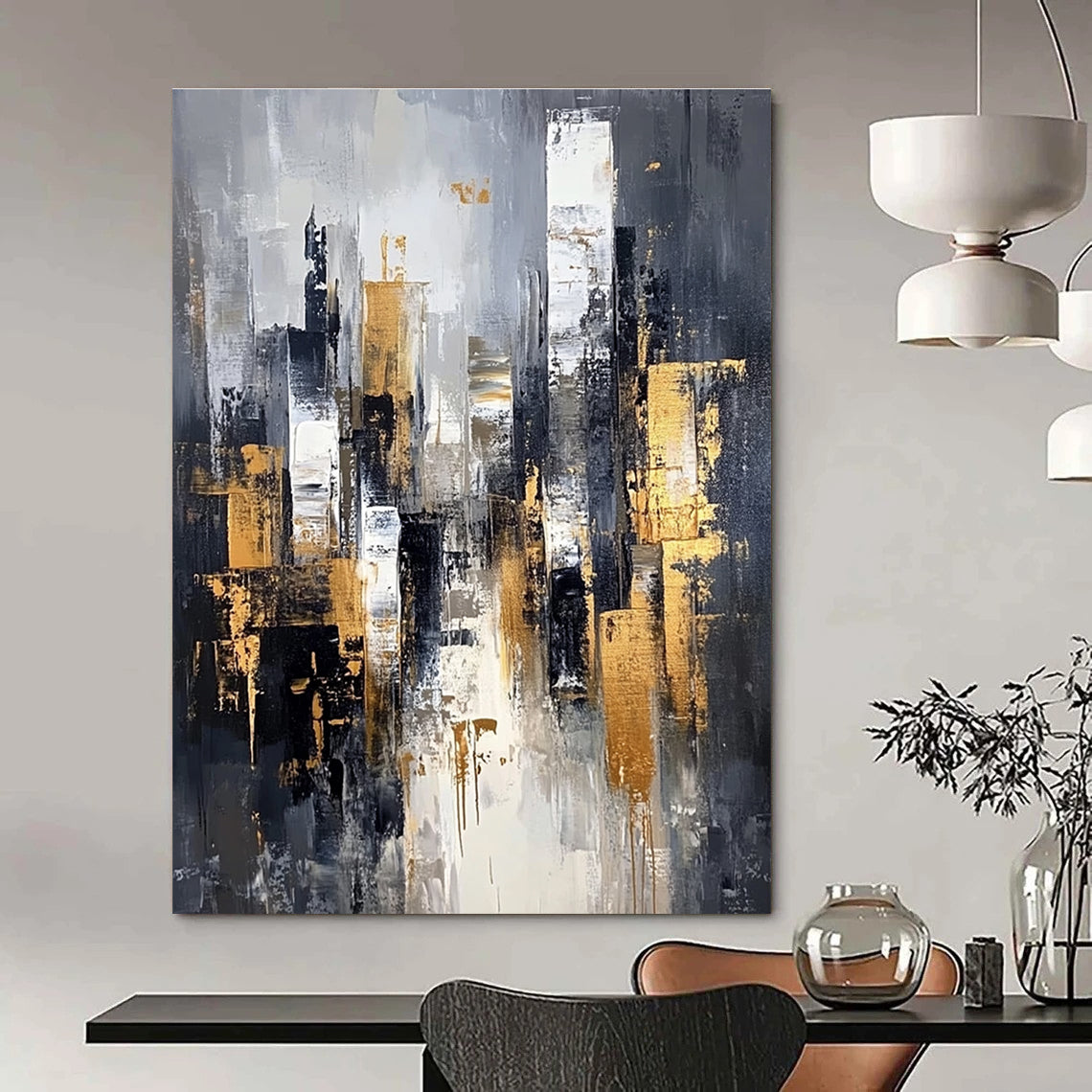 Gray and Gold Cityscape Abstract Painting for Sophisticated Decor GAB0695