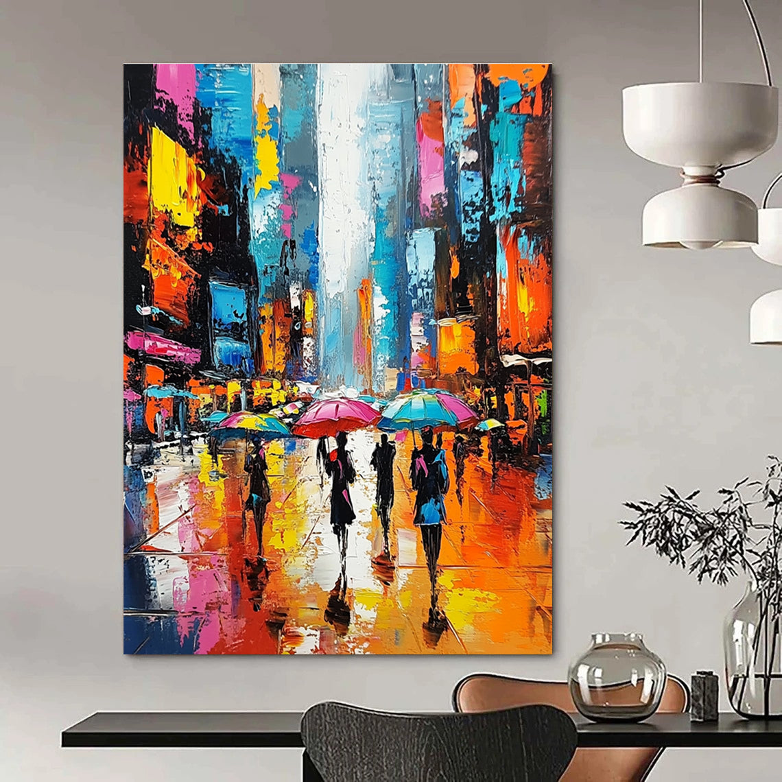 Colorful City Umbrella Scene Abstract Painting for Modern Shopping Malls GAB1267