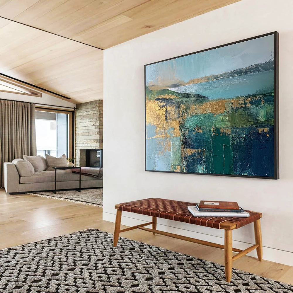 Coastal Landscape Abstract Painting with Teal and Gold ABS268
