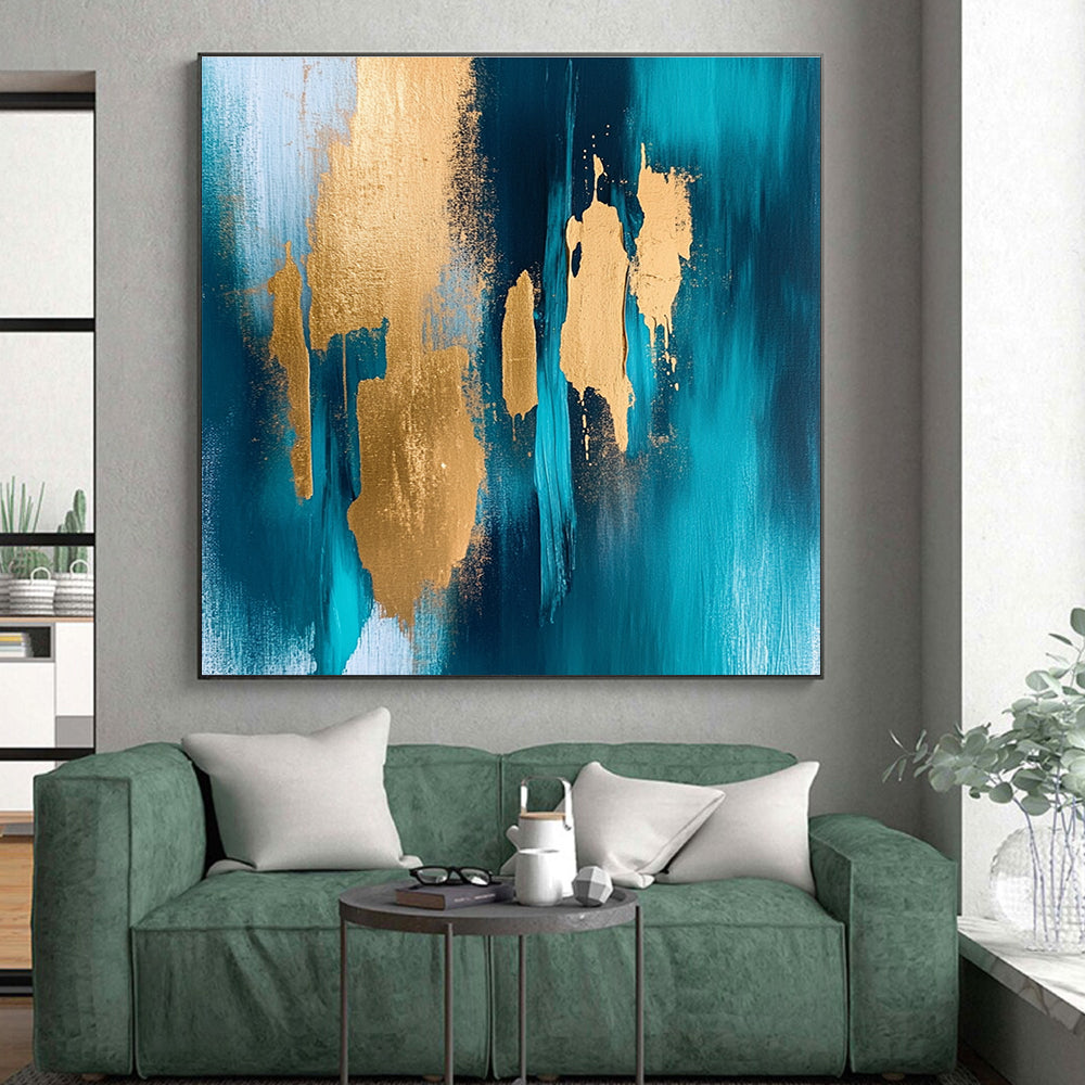 Teal - Gold Abstract Strokes Painting with Bold Radiance WINK381
