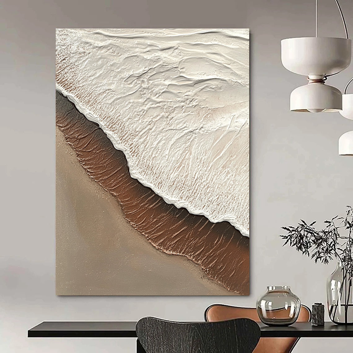 Textured Beach Wave in Brown and White Abstract Painting with Coastal Textures GAB0079