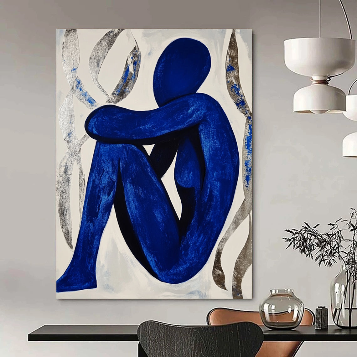 Blue Figure in Contemplation Abstract Painting with Silver Accents GAB0041