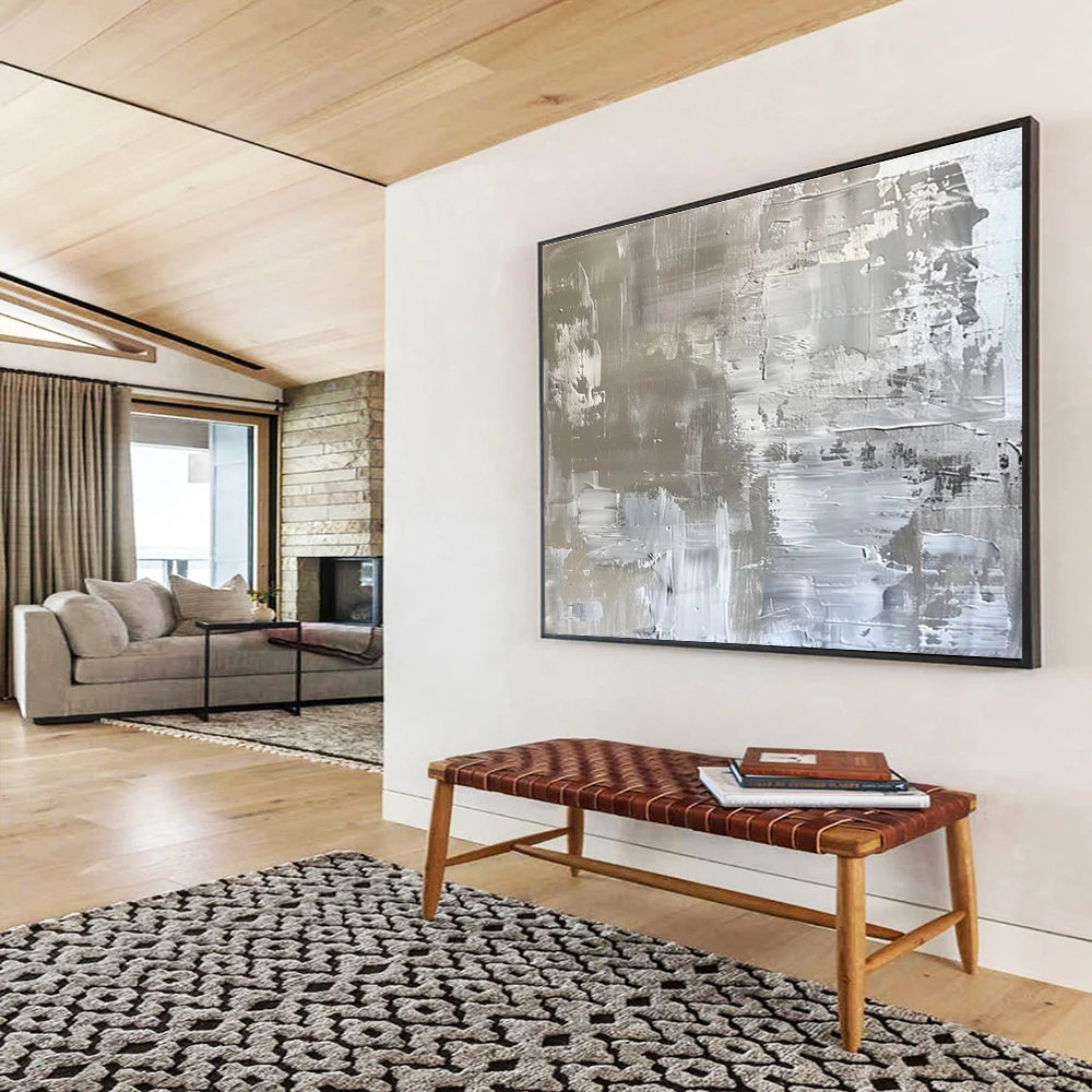 Silver - Toned Abstract Painting for Sleek Interiors YHT103