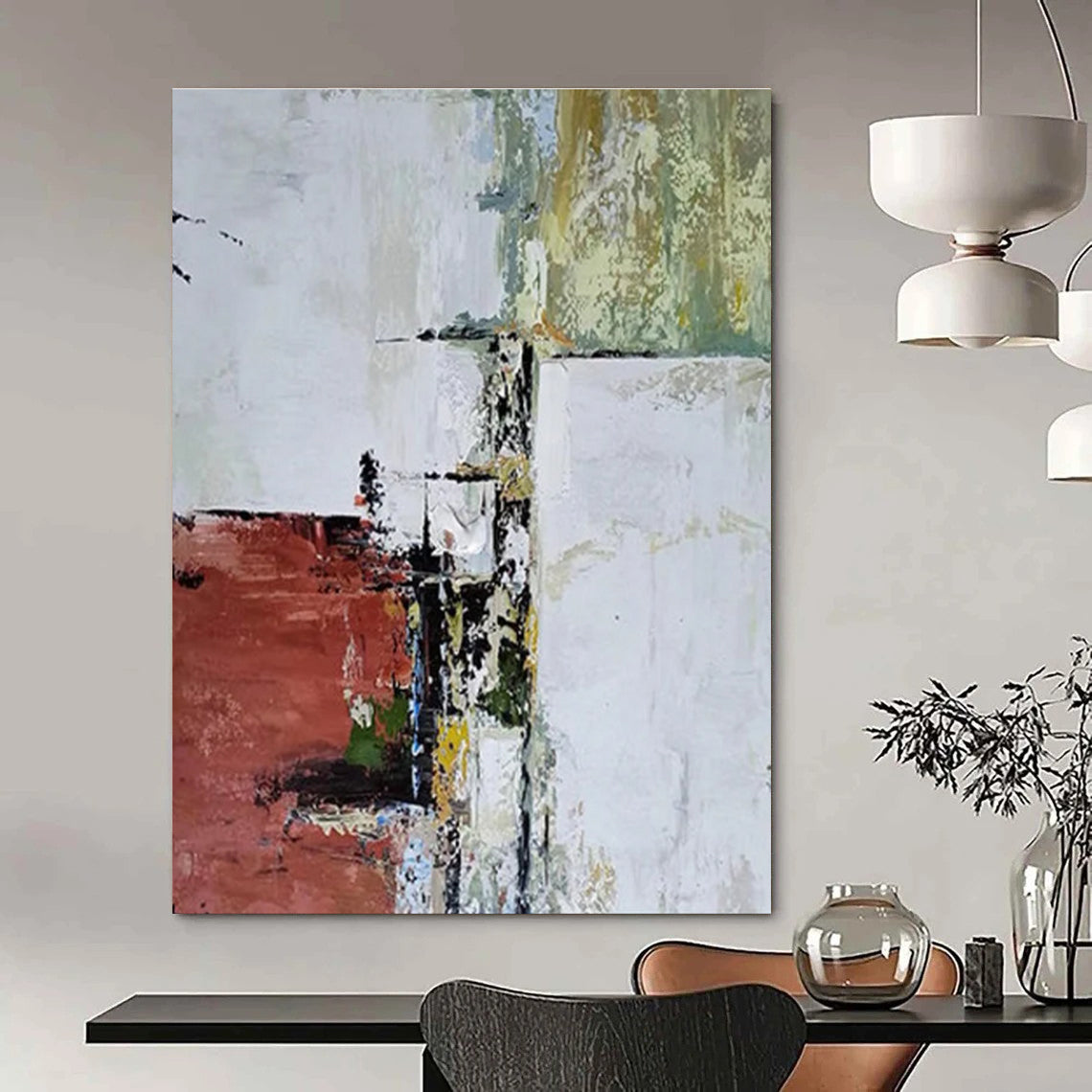 Red and White Abstract Layers Abstract Painting for Modern Art Museum Installations HENG039