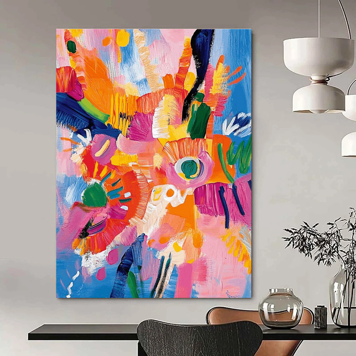 Energetic Bold Floral Abstract Painting for Cheerful Spaces HENG287