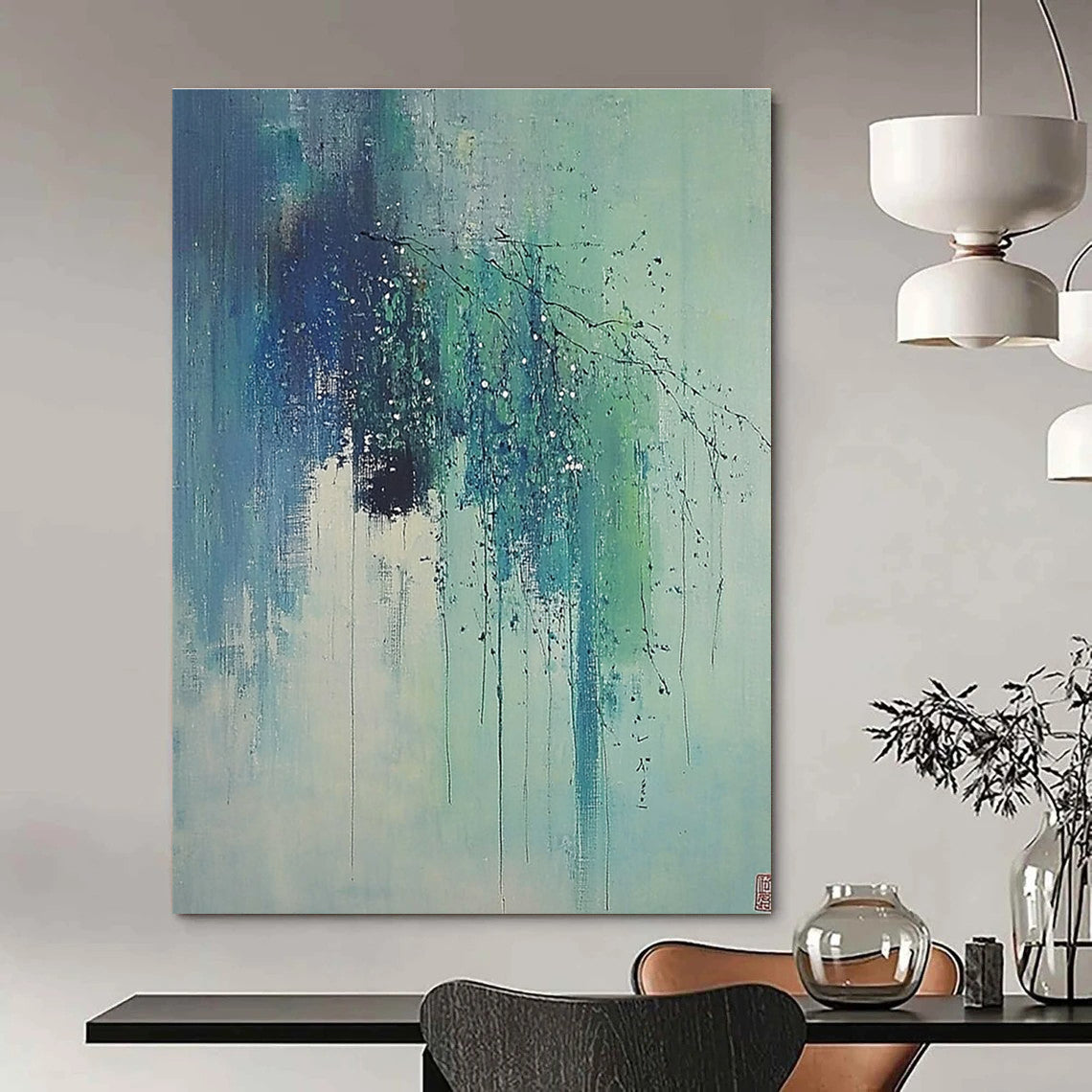 Blue and Green Dripping Branches Abstract Painting of Ethereal Nature GAB0174